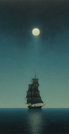 a painting of a ship sailing in the ocean under a moonlit sky with clouds