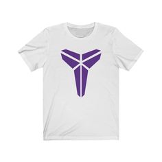 a white t - shirt with purple graphic on the chest