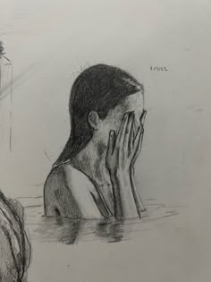 a pencil drawing of a woman covering her face in the water