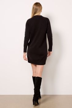 A leather sleeve detail puts an edgy twist on this stylish sweater dress by EVEREVE, finished with a front center seam detail and wide ribbed trim. Add a chain necklace and knee-high boots for a chic night-out look. | EVEREVE Women's Harlow Sweater Dress, Size XL, Black Ribbed V-neck Sweater Dress For Night Out, Black Stretch Knit Sweater Dress, Black Ribbed Mini Length Sweater Dress, Elegant Black Ribbed Sweater Dress, Chic Black V-neck Sweater Dress, Stylish Sweaters, Leather Sleeve, Sleeve Detail, High Boots