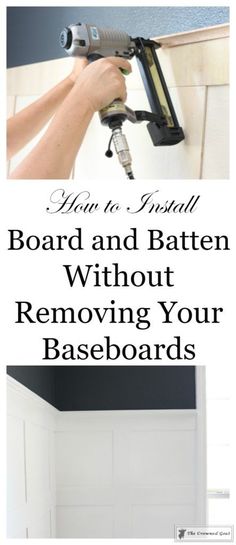 A Step by Step Guide to Board and Batten Installation - The Crowned Goat Black Board And Batten Half Wall Bedroom, Diy Board And Batten Wall With Existing Baseboard, Entry Hallway Board And Batten, Board And Batten Wall Without Removing Baseboards, Board And Batten Meets Baseboard, Bathrooms With Board And Batten Walls, Installing Board And Batten Wall, Full Wall Board And Batten Bathroom, Board And Batten Without Removing Trim