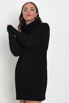 Pickup a warm bevvy and embrace the changing season in style with the Lulus Frosty Forecast Black Turtleneck Long Sleeve Sweater Dress! Ultra soft and cozy sweater knit shapes a chic turtleneck that flows into a contrasting, triangular ribbed knit detail. The relaxed silhouette is framed by long sleeves and ends at a flirty hem. Ribbed knit accents the cuffs and hem. Fit: This garment fits true to size. Length: Mid-thigh. Size medium measures 32" from shoulder to hem. Bust: Great for any cup siz Chic High Neck Turtleneck For Winter, Cozy Solid Color Sweater Dress For Fall, Chic Winter Turtleneck, Chic Knit Sweater Dress For Fall, Elegant Winter Sweater For Loungewear, Elegant Oversized High Neck Sweater, Chic Black Fine Knit Turtleneck, Knit Stretch Sweater Dress For Layering, Chic High Neck Turtleneck For Fall