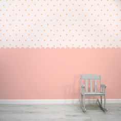 Dotty Scallops Pink - Pink Scalloped Edge with Yellow Dots Wallpaper Mural with Baby Chair Pink Scallop Wall, Backdrop For Pictures, Half Painted Walls, Marble Wall Mural, Tree Wall Murals, Scandinavian Wallpaper, Stylish Nursery, Abstract Wallpaper Design, Dots Wallpaper