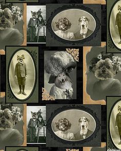 a collage of pictures with dogs and people dressed in old fashion clothes, including a dog