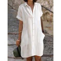 Season:Summer,Spring; Fabric:Linen; Sleeve Length:Short Sleeve; Look After Me:Machine wash; Gender:Women's; Style:Basic,Casual; Elasticity:Micro-elastic; Occasion:Formal,Vacation,Daily,Outdoor; Fit Type:Loose Fit; Dresses Type:Shirt Dress,Cotton Linen Dress,White Dress; Pattern:Pure Color; Design:Pocket,Button; Neckline:Shirt Collar; Front page:FF; Listing Date:04/25/2023; Production mode:External procurement; 2024 Trends:2023; Bust:; Length:; Shoulder Width:null; Waist:; Fit US Size:; Fit UK Si Shift Button-up Shirt Dress For Day Out, Solid Color Shirt Dress With Pockets For Beach, Shirt Dress With Pockets For Beach, Beach Shirt Dress With Pockets, Summer V-neck Shirt Dress With Buttons, Casual Shift Shirt Dress, Casual V-neck Shirt Dress With Placket, Casual Solid Shirt Dress With Short Sleeves, Summer Collared Shift Shirt Dress