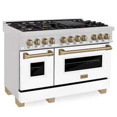 a white and gold stove with two ovens