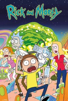 the cartoon rick and mort is surrounded by other characters in front of an alien land