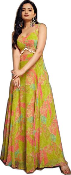 Festive Floral Print Dress With Long Skirt, Sleeveless Green Floral Print Set, Multicolor Digital Print Maxi Sets, Multicolor Maxi Length Digital Print Sets, Multicolor Maxi-length Digital Print Sets, Multicolor Maxi-length Sets With Digital Print, Multicolor Printed Georgette Sets, Festive Dresses With Digital Print, Multicolor Ikat Print Summer Sets