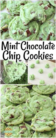 mint chocolate chip cookies are stacked on top of each other and ready to be eaten