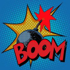 boom text with an apple on it in comic book style pop art, pop art, person