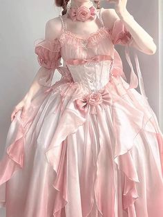 Pink Wedding Dress Tower Heavy Industry Trailing Skirt White Crinoline Dress For Costume Party, Spring Party Dress With Crinoline, Pink Princess Dress With Ruffled Skirt, Pink Wedding Corset Dress, Pink Long Flowy Skirt Dress, Pink Ball Gown Dress With Attached Cancan, Fitted Crinoline Dresses For Debutante Ball, Spring Crinoline Dress With Full Skirt, Spring Dress With Full Skirt In Structured Fabric