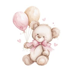 a brown teddy bear holding two pink and white balloons