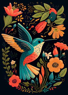 a colorful bird flying through the air with flowers and leaves on it's back