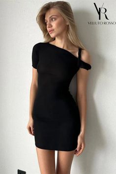 Black mini dress with open shoulder Chic One Shoulder Bodycon Dress, Summer Bodycon Dress For Date Night, Summer Elastane Bodycon Dress For Date Night, Stretch Mini Dress For Day Out, Casual Bodycon Mini Dress For Going Out, Summer Bodycon Dress For Night Out, Casual Bodycon Dress For Going Out, Asymmetrical Bodycon Summer Dresses, One-shoulder Elastane Summer Dress