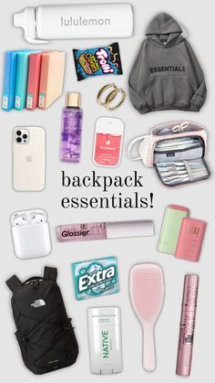 the back pack essentials are laid out on top of each other