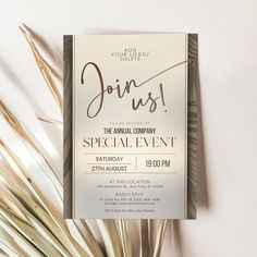 a white and brown party card with the words join us on it next to some palm fronds