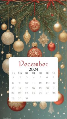 a calendar with christmas ornaments hanging from it