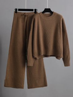 Urban Loose Long Sleeves Solid Color Round-Neck High-Low Sweater Tops & Wide Leg Pants Suits Wide Leg Pant Suit, Work Pants Women, Outfit Autumn, Loose Fit Sweater, Outfit Halloween, Casual Chique, Sweater Tops, Quick Outfits, Dress Suit