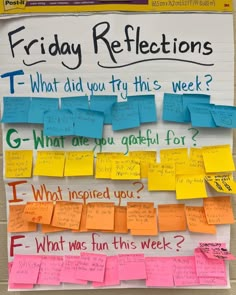 a bulletin board with sticky notes attached to it that says friday reflections what did you try this week?