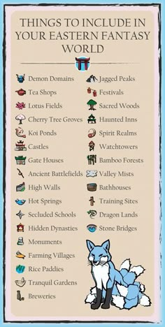 an info sheet with the words things to include in your eastern fantasy world on it