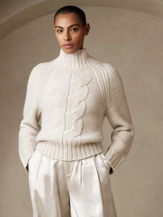 Arran Cable Sweater | Banana Republic White Funnel Neck Sweater, Luxury Wool Straight Dress Pants, Cable Knit Sweater Winter, White Bulky Sweater, Chunky White Sweaters, Cream Cable Knit Sweater Pattern, Bulky White Sweater, White Cable Knit Sweater Oversized, Luxury Cable Knit Sweater Coat For Fall