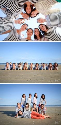 four different pictures of people laying down on the beach with their arms around each other