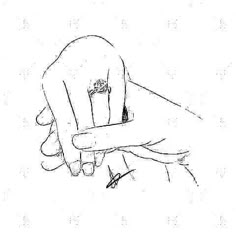 a drawing of a hand holding a ring with a diamond on it's finger