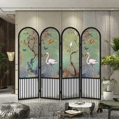 This screen features a solid wood frame paired with vintage-style artwork, adding a touch of classical charm to living rooms, entryways, and more. The foldable design allows for easy mobility and storage, making it perfect for both homes and guesthouses. Not only does it divide spaces, but it also enhances the visual appeal of interiors, offering a unique decorative effect. A Bestiary Living Size: 78.74" H x 94.49" W x 1.57" D, Number of Panels: 4 | A Bestiary Living Vintage Solid Wood Folding S Changing Screen, Mirror Room Divider, Folding Screen Room Divider, Wood Shelving Units, Screen Room Divider, Apartment Deco, Victorian Living Room, Folding Room Dividers, Screen Room