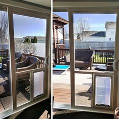 two pictures of the outside of a house with sliding glass doors that open to an outdoor deck and pool