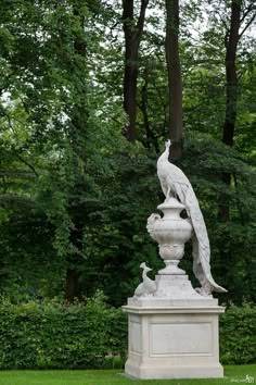 a statue in the middle of a grassy area with trees and bushes behind it,