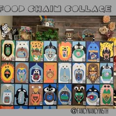 an assortment of owl themed items are displayed on a wooden wall with the words, food chain collages