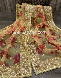 Organza floral printed dupatta with heavy gold sequins work! Cheap Art Silk Dupatta For Eid, Luxury Yellow Tissue Silk Dupatta, Gold Georgette Dupatta With Resham Embroidery, Gold Dupatta With Mirror Work Unstitched, Gold Embroidered Georgette Fabric For Festive Occasions, Gold Georgette Embroidered Fabric For Festive Occasions, Gold Georgette Dupatta, Festive Gold Embroidered Georgette Fabric, Gold Dupatta With Dabka Work For Celebration