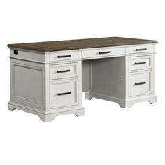 a white desk with two drawers and a wooden top