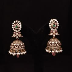 Mayuri Elegance Victorian Jhumkis Victorian Jhumkas, Jumkas Antiques, Buttalu Earrings Gold, Diamond Jumkas, Silver Earrings Indian, Beads Haram, Diamond Jhumkas, Gold Jhumkas, Jhumkas Earrings