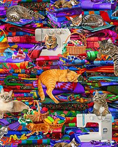 many cats are laying on top of different colored fabrics and sewing machines in this image