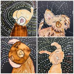 four different pictures of dogs and cats with stars in the sky behind them, one has a dog's face drawn on it