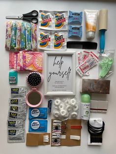 an assortment of personal care items laid out on a white counter top with the words self yourself written in it