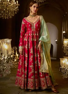 Salwar Kameez | Indian Suits for Women | Lashkaraa Pink Satin Suit, Satin Suit Women, Satin Anarkali, Anarkali Ideas, Contrast Dupatta, Indian Suits For Women, Long Party Gowns