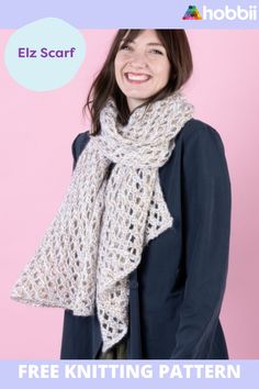 a woman wearing a scarf with the text free knitting pattern