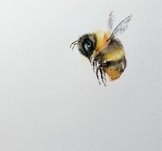 a close up of a bee on a white surface with watercolor paint and ink