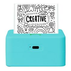 a blue box with a card holder on top of it that says creative in black and white