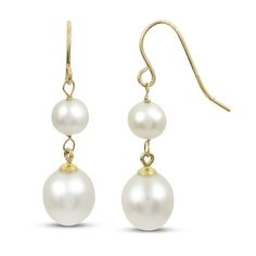 These gorgeous dangle earrings for her feature a tiered design set in classic 14K yellow gold. The earrings are accented by two gorgeous freshwater cultured pearls on each. The earrings secure with fish hook backs. Classic 14k Gold Pearl Earrings With Ear Wire, Timeless Yellow Gold Dangle Pearl Earrings, Classic Elegant Dangle Jewelry, Classic Yellow Gold Bridal Earrings With Elegant Design, Yellow Gold Dangle Bridal Earrings For Formal Occasions, Formal Fine Jewelry Pearl Earrings With Ear Wire, Classic Dangle Jewelry With Elegant Design, Formal Yellow Gold Dangle Bridal Earrings, Formal Yellow Gold Bridal Dangle Earrings