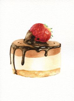 a painting of a strawberry on top of a cake with chocolate drizzles