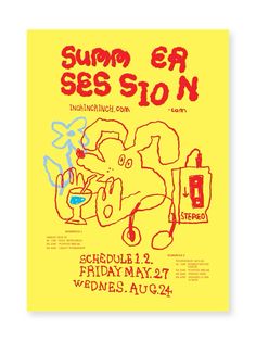 a yellow poster with an image of a cartoon character and the words summ e ses