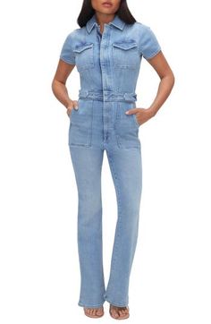 Feel powerful in this stretch-denim jumpsuit with snaps at the waist for a defined look and lots of handy pockets to keep you feeling organized. 56" regular length; 29" inseam; 18" leg opening (size Medium) Front half-zip closure Spread collar Short sleeves Chest flap-patch pockets; front patch pockets; back patch pockets Snap side tabs 72% cotton, 25% recycled cotton, 2% elasterell-p, 1% elastane Machine wash, tumble dry Imported Black Owned/Founded Feel Powerful, Coverall Jumpsuit, Baby Gear Essentials, Perfume Gift Sets, Fragrance Design, Good American, Free Fabric, Back Patch, Denim Jumpsuit