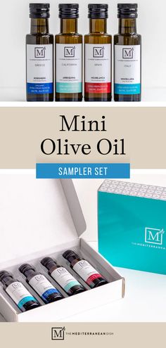 the mini olive oil sample set includes six bottles and an open box with labels on it