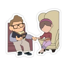 an image of a man and woman sitting on a chair with a book in their hands