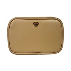 a tan leather purse with a gold lock on the front and bottom part of it