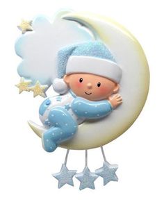 a baby on the moon with stars hanging from it's side, in front of a white background