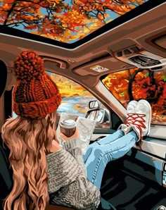 two people sitting in the back seat of a car with autumn leaves on the ground